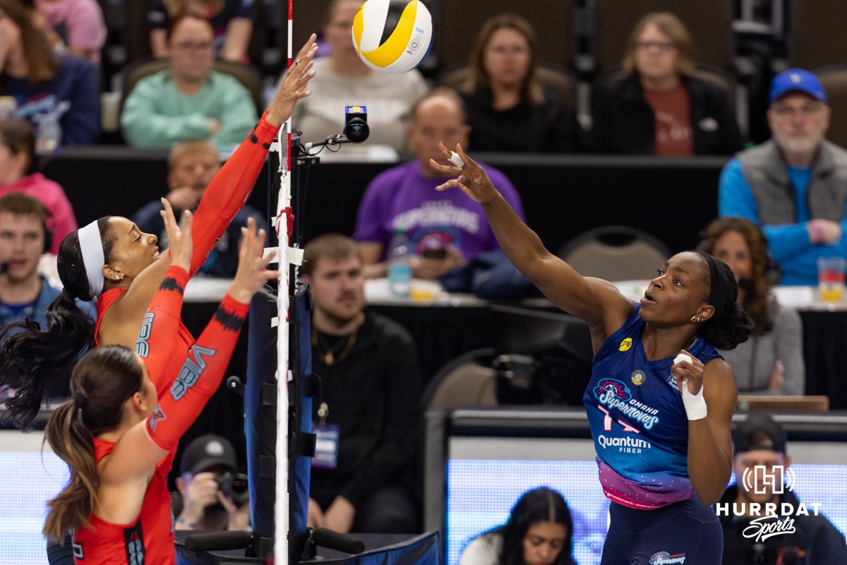 Omaha Supernovas Phoebe Awoleye (17) spikes the ball against the Atlanta Vibe during a professional volleyball match Saturday, April 19, 2025 in Omaha, Nebraska. Photo by John S. Peterson.