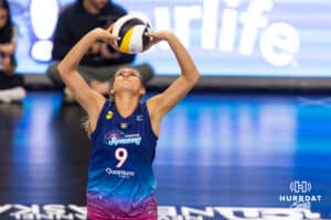 Omaha Supernovas Mac Podraza (9) sets the ball against the Atlanta Vibe during a professional volleyball match Saturday, April 19, 2025 in Omaha, Nebraska. Photo by John S. Peterson.