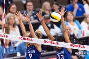 Omaha Supernovas Kaitlyn Hord (23) blocks the ball against the Atlanta Vibe during a professional volleyball match Saturday, April 19, 2025 in Omaha, Nebraska. Photo by John S. Peterson.