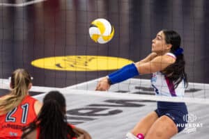Omaha Supernovas Camila Gomez (10) spikes the ball against the Atlanta Vibe during a professional volleyball match Saturday, April 19, 2025 in Omaha, Nebraska. Photo by John S. Peterson.