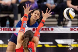 Omaha Supernovas Reagan Cooper (8) spikes the ball against the Atlanta Vibe during a professional volleyball match Saturday, April 19, 2025 in Omaha, Nebraska. Photo by John S. Peterson.