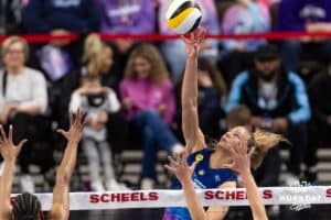 Omaha Supernovas Brooke Nuneviller (5) taps the ball over the net against the Atlanta Vibe during a professional volleyball match Saturday, April 19, 2025 in Omaha, Nebraska. Photo by John S. Peterson.