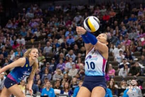 Omaha Supernovas Camila Gomez (10) digs the ball against the Atlanta Vibe during a professional volleyball match Saturday, April 19, 2025 in Omaha, Nebraska. Photo by John S. Peterson.