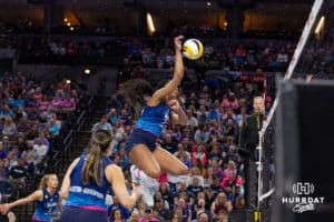 Omaha Supernovas Kaitlyn Hord (23) spikes the ball against the Atlanta Vibe during a professional volleyball match Saturday, April 19, 2025 in Omaha, Nebraska. Photo by John S. Peterson.