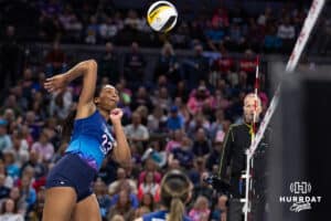 Omaha Supernovas Kaitlyn Hord (23) spikes the ball against the Atlanta Vibe during a professional volleyball match Saturday, April 19, 2025 in Omaha, Nebraska. Photo by John S. Peterson.