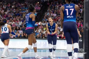 Omaha Supernovas Natalia Valentin-Anderson (1) celebrates a point against the Atlanta Vibe in the first set during a professional volleyball match Saturday, April 19, 2025 in Omaha, Nebraska. Photo by John S. Peterson.