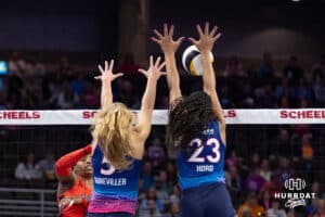 Omaha Supernovas Kaitlyn Hord (23) makes a block against the Atlanta Vibe in the first set during a professional volleyball match Saturday, April 19, 2025 in Omaha, Nebraska. Photo by John S. Peterson.