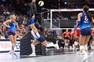 Omaha Supernovas Camila Gomez (10) makes a saving dig against the Atlanta Vibe in the first set during a professional volleyball match Saturday, April 19, 2025 in Omaha, Nebraska. Photo by John S. Peterson.