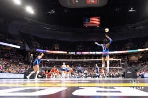 Omaha Supernovas Kelsie Payne (11) serves the ball against the Atlanta Vibe in the first set during a professional volleyball match Saturday, April 19, 2025 in Omaha, Nebraska. Photo by John S. Peterson.