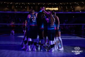 Omaha Supernovas huddle up before taking on the Atlanta Vibe during a professional volleyball match Saturday, April 19, 2025 in Omaha, Nebraska. Photo by John S. Peterson.