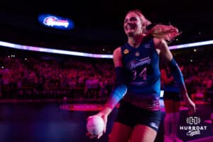 Omaha Supernovas Ally Batenhorst (14) throws out a mini-volleyball against the Atlanta Vibe during a professional volleyball match Saturday, April 19, 2025 in Omaha, Nebraska. Photo by John S. Peterson.