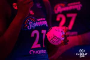 Omaha Supernovas Phoebe Awoleye (17) with Dream Big on the mini-volleyball against the Atlanta Vibe during a professional volleyball match Saturday, April 19, 2025 in Omaha, Nebraska. Photo by John S. Peterson.