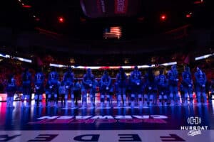 Omaha Supernovas lined up for the National Anthem before taking on the Atlanta Vibe during a professional volleyball match Saturday, April 19, 2025 in Omaha, Nebraska. Photo by John S. Peterson.