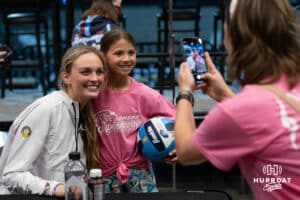 Omaha Supernova Ally Batenhorst poses for a photo with a young fan after the sweep against Grand Rapid Rise during the professional volleyball match Thursday, April 17, 2025 in Omaha, Nebraska. Photo by John S. Peterson.
