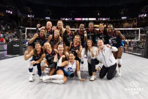 Omaha Supernovas pose for a team photo after sweeping Grand Rapid Rise during the professional volleyball match Thursday, April 17, 2025 in Omaha, Nebraska. Photo by John S. Peterson.