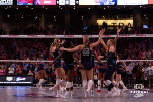 Omaha Supernovas celebrate match point against the Grand Rapid Rise during the professional volleyball match Thursday, April 17, 2025 in Omaha, Nebraska. Photo by John S. Peterson.