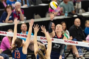 Omaha Supernova Emily Londot (27) spikes the ball against the Grand Rapid Rise in the third set during the professional volleyball match Thursday, April 17, 2025 in Omaha, Nebraska. Photo by John S. Peterson.