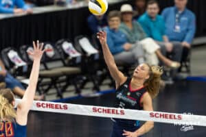 Omaha Supernova Brooke Nuneviller (5) tipe the ball over the net against the Grand Rapid Rise in the third set8 during the professional volleyball match Thursday, April 17, 2025 in Omaha, Nebraska. Photo by John S. Peterson.