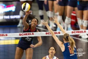 Omaha Supernova Kaitlyn Hord (23) spikes the ball against Grand Rapid Rise Marin Grote (8) in the third set during the professional volleyball match Thursday, April 17, 2025 in Omaha, Nebraska. Photo by John S. Peterson.
