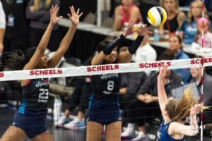 Omaha Supernova Reagan Cooper (8) reaches for the ball against the Grand Rapid Rise in the third set during the professional volleyball match Thursday, April 17, 2025 in Omaha, Nebraska. Photo by John S. Peterson.