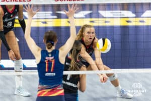 Omaha Supernova Brooke Nuneviller (5) makes pass against Grand Rapid Rise in the third set during the professional volleyball match Thursday, April 17, 2025 in Omaha, Nebraska. Photo by John S. Peterson.