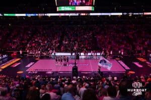 Omaha Supernovas takes second set against the Grand Rapid Rise during the professional volleyball match Thursday, April 17, 2025 in Omaha, Nebraska. Photo by John S. Peterson.