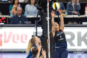 Omaha Supernova Natalia Valentin-Anderson (1) sets the ball against the Grand Rapid Rise during the professional volleyball match Thursday, April 17, 2025 in Omaha, Nebraska. Photo by John S. Peterson.