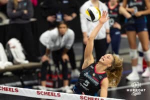 Omaha Supernova Brooke Nuneviller (5) spikes the ball against the Grand Rapid Rise during the professional volleyball match Thursday, April 17, 2025 in Omaha, Nebraska. Photo by John S. Peterson.