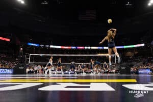 Omaha Supernova Brooke Nuneviller (5) serves the ball against the Grand Rapid Rise in the first set during the professional volleyball match Thursday, April 17, 2025 in Omaha, Nebraska. Photo by John S. Peterson.