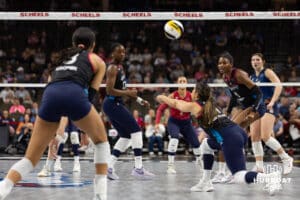 Omaha Supernova Natalia Valentin-Anderson (1) digs the ball against the Grand Rapid Rise in the first set during the professional volleyball match Thursday, April 17, 2025 in Omaha, Nebraska. Photo by John S. Peterson.