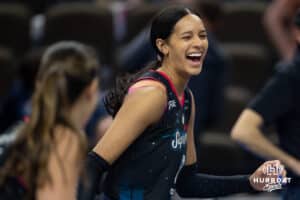 Omaha Supernova Reagan Cooper (8) all smiles before taking on the Grand Rapid Rise during the professional volleyball match Thursday, April 17, 2025 in Omaha, Nebraska. Photo by John S. Peterson.