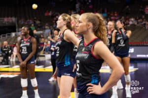 Omaha Supernova Brooke Nuneviller (5) waiting to spike the ball before taking on Grand Rapid Rise during the professional volleyball match Thursday, April 17, 2025 in Omaha, Nebraska. Photo by John S. Peterson.