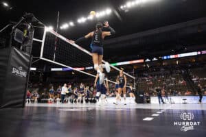 Omaha Supernova Reagan Cooper (8) warming up before taking on Grand Rapid Rise during the professional volleyball match Thursday, April 17, 2025 in Omaha, Nebraska. Photo by John S. Peterson.