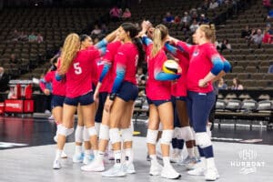 Omaha Supernovas huddle up before taking on the Grand Rapid Rise during the professional volleyball match Thursday, April 17, 2025 in Omaha, Nebraska. Photo by John S. Peterson.