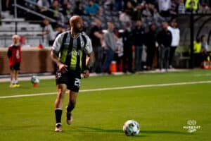 Union Omaha Dion Acoff during a soccer game at Caniglia Field on Tuesday, April 15, 2025, in Omaha, Nebraska. Photo by Collin Stilen.