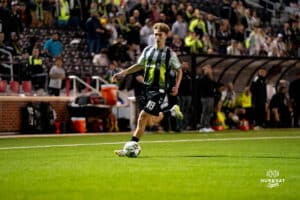 Union Omaha Mark Bronnik during a soccer game at Caniglia Field on Tuesday, April 15, 2025, in Omaha, Nebraska. Photo by Collin Stilen.