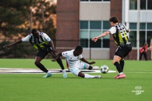 Union Omaha battles for the ball during a soccer game at Caniglia Field on Tuesday, April 15, 2025, in Omaha, Nebraska. Photo by Collin Stilen.