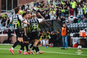 Union Omaha celebrate Acoff's goal during a soccer game at Caniglia Field on Tuesday, April 15, 2025, in Omaha, Nebraska. Photo by Collin Stilen.
