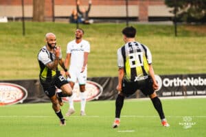 Union Omaha Dion Acoff scores the only goal of the night during a soccer game at Caniglia Field on Tuesday, April 15, 2025, in Omaha, Nebraska. Photo by Collin Stilen.