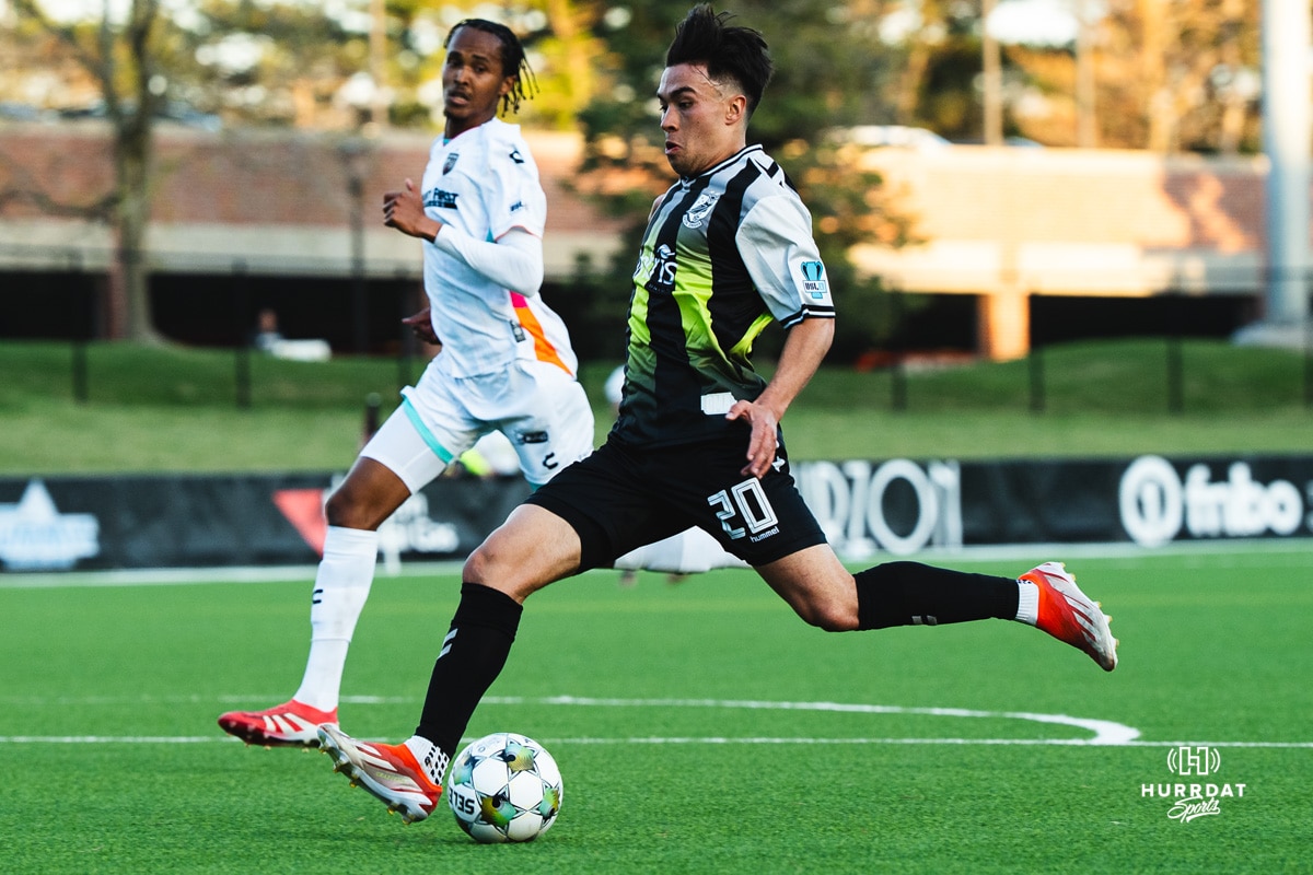 Union Omaha Charlie Ostrem passes during a soccer game at Caniglia Field on Tuesday, April 15, 2025, in Omaha, Nebraska. Photo by Collin Stilen.