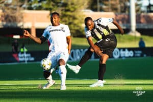 Union Omaha Prosper Kasim with a shot during a soccer game at Caniglia Field on Tuesday, April 15, 2025, in Omaha, Nebraska. Photo by Collin Stilen.