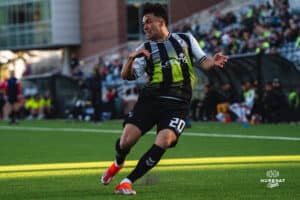 Union Omaha Charlie Ostrem with a pass during a soccer game at Caniglia Field on Tuesday, April 15, 2025, in Omaha, Nebraska. Photo by Collin Stilen.