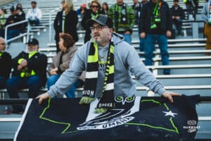 Union Omaha fan ready for the game during a soccer game at Caniglia Field on Tuesday, April 15, 2025, in Omaha, Nebraska. Photo by Collin Stilen.