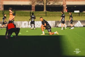 Union Omaha Aarón Gómez during a soccer game at Caniglia Field on Tuesday, April 15, 2025, in Omaha, Nebraska. Photo by Collin Stilen.