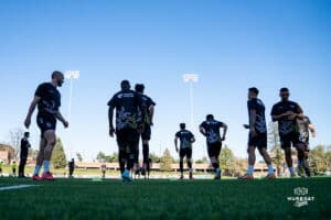 Union Omaha warms up before the match during a soccer game at Caniglia Field on Tuesday, April 15, 2025, in Omaha, Nebraska. Photo by Collin Stilen.