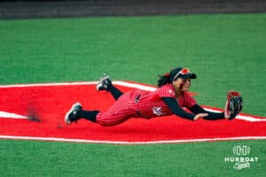 Nebraska Cornhusker Natalia Hill (27) makes diving catch against the Creighton Bluejays in the sixth inning during a college softball game Wednesday,April 4, 2025 in Lincoln, Nebraska. Photo by John S. Peterson.