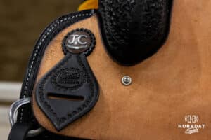 John Cook's brand on the saddle presented to him during the John Cook Roping Classic on Sunday, April 13, 2025 in Lincoln, Nebraska. Photo by John S. Peterson.