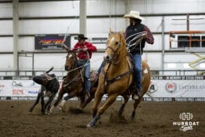 Taylor Cook header and Riley Wakefield healer in the 13.5 Short Go Roping during the John Cook Roping Classic on Sunday, April 13, 2025 in Lincoln, Nebraska. Photo by John S. Peterson.