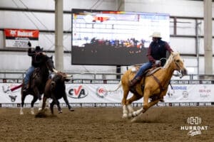 Taylor Cook the header and Marshal Peterson the healer during the John Cook Roping Classic on Sunday, April 13, 2025 in Lincoln, Nebraska. Photo by John S. Peterson.