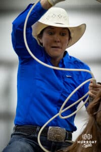 Cowgirl ready to throw her rope to catch the steer's legs in a team roping competition during the John Cook Roping Classic on Sunday, April 13, 2025 in Lincoln, Nebraska. Photo by John S. Peterson.